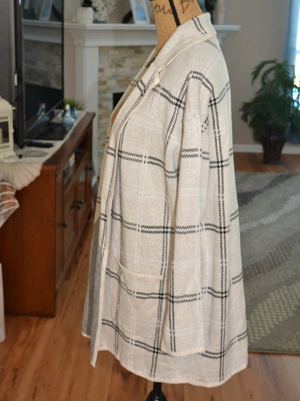 LOFT New Windowpane plaid sweater jacket blazer Cream/black Cotton cardigan L - Picture 5 of 10